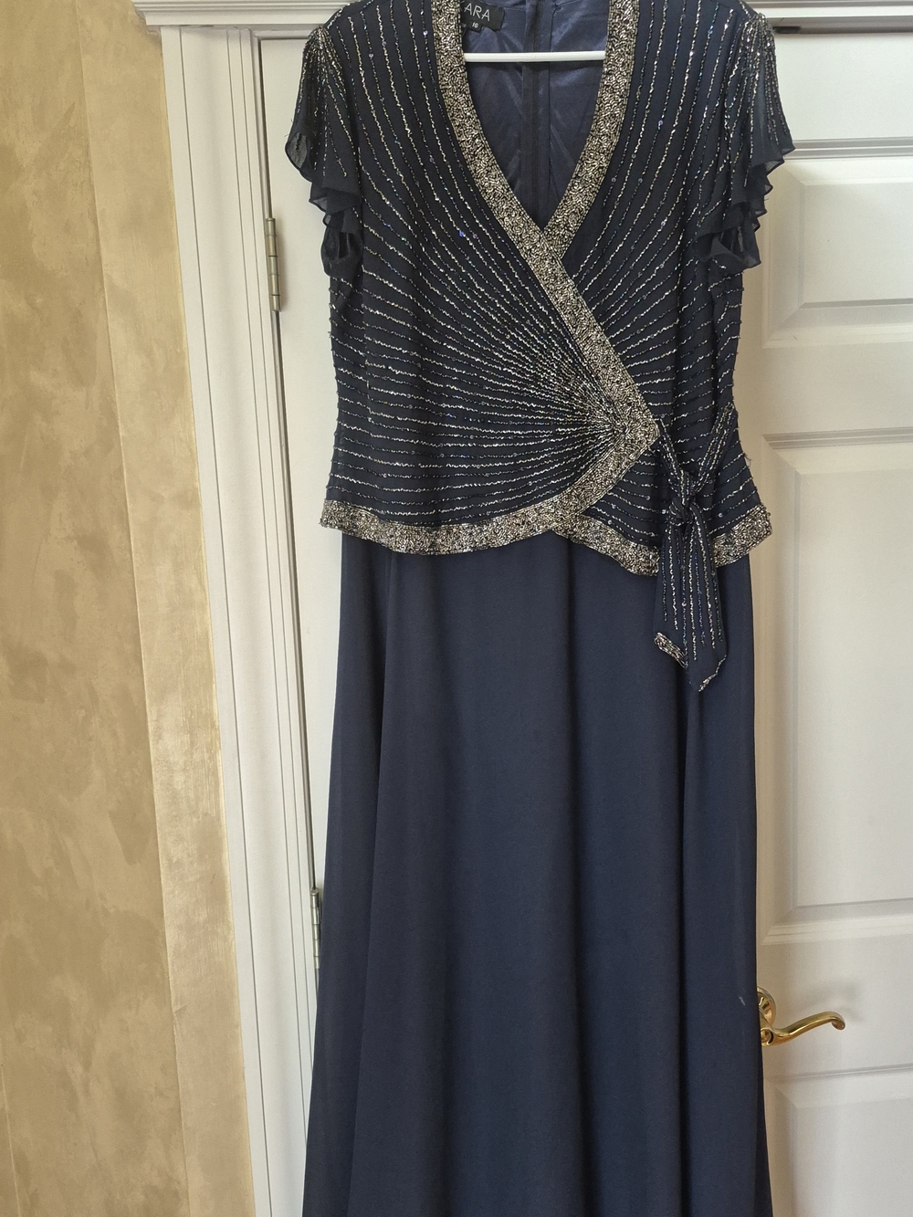 Adrianna Papell Navy Beaded Wrap-Style Evening Dress